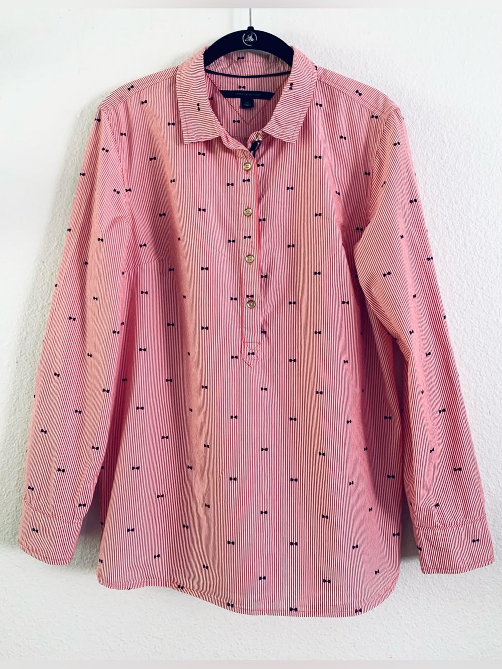 Tommy Hilfiger Womens Red & White Striped 
Roll-Tab Sleeve Tunic Blouse Size L